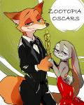 2017 4:5 abstract_background academy_awards anthro award backless_clothing backless_dress bare_back bare_shoulders black_nose black_tie_(suit) bow_(feature) bow_tie canid canine choker clothed clothing dipstick_tail disney dress duo ears_down female fox fur green_eyes hand_behind_back hi_res holding_award holding_object holding_oscar_statuette jewelry judy_hopps ketuusage2 lagomorph leporid long_ears looking_at_viewer looking_back male mammal markings multicolored_tail necklace nick_wilde orange_body orange_fur oscar_statuette pivoted_ears purple_eyes rabbit red_fox size_difference smug smug_face smug_grin suit tail tail_markings text true_fox zootopia