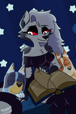 anthro bedtime_story black_eyelids blue_body blue_fur book breasts cleavage clothed clothed_anthro clothed_female clothing eyes_closed female fur grey_body grey_fur grey_hair group hair legwear long_hair lying notched_ear orange_body orange_fur pupils red_sclera shoulderless_shirt sitting sleeping sleeping_shirt sleepshirt slit_pupils smile star_pattern thigh_highs trio white_body white_eyes white_fur young starpaintart bluey_(series) hellaverse helluva_boss mythology bingo_heeler bluey_heeler loona_(helluva_boss) canid canid_demon canine canis demon domestic_dog hellhound mammal mythological_canine mythological_creature 2025 absurd_res hi_res