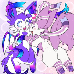 ambiguous_gender big_tail black_nose blush blush_lines butt cheek_tuft cosmic_fur cosmic_tail cosmic_wings countershade_torso countershading cute_fangs dragon_wings duo eyebrows eyes_closed facial_tuft fangs feral fluffy fluffy_ears fluffy_mane fluffy_tail freckled_arms freckled_face freckled_legs freckles fur happy heart_symbol imminent_hug leg_markings long_ears looking_at_another mane markings multicolored_body multicolored_fur multicolored_tail nude open_mouth pawpads pounce pupils purple_body purple_ears purple_eyes purple_fur purple_mane purple_pawpads purple_paws purple_sclera purple_tail quadruped raised_eyebrows ribbons_(anatomy) simple_background star_(marking) striped_body stripes surprised tail teeth thick_thighs three-quarter_view tuft two_tone_body two_tone_fur white_body white_eyes white_fur white_pupils white_tail sunspikevee nintendo pokemon nebula_(royalribbonslabs) phaelin_(phaelin) eeveelution generation_6_pokemon hybrid pokemon_(species) sylveon 1:1 2026 digital_drawing_(artwork) digital_media_(artwork) hi_res male_(lore)