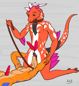 2_penises anthro athletic athletic_intersex athletic_male athletic_maleherm bodily_fluids clawed_hands collar collar_only cunnilingus d-ring diamond_(marking) diphallism dominant dominant_intersex dominant_maleherm dripping_vulva duo facesitting frill_(anatomy) genitals holding_leash holding_object intersex intersex/male intersex_on_top leash male male_on_bottom maleherm maleherm/male markings multi_genitalia multi_penis multicolored_body nude on_bottom on_top oral orange_body orange_scales penis plantigrade pokemorph red_penis scales sex simple_background sitting sitting_on_another submissive submissive_male vaginal astral_kobold nintendo pokemon 41-4b_(astral_kobold) ancient_pokemon generation_9_pokemon hybrid kobold koraidon legendary_pokemon paradox_pokemon pokemon_(species) scalie absurd_res flat_colors hi_res