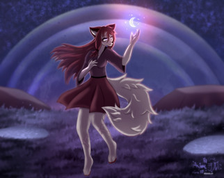 4_fingers anthro clothing dress female fingers fur grass hair holding_moon moon plant red_hair rock sky solo tail water white_body white_fur astralia ambiguous_species canid canine mammal hi_res