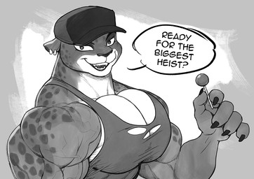 5_fingers anthro asking asking_viewer baseball_cap big_muscles big_pecs candy claws clothed clothed_anthro clothed_female clothing countershade_face countershade_neck countershade_torso countershading dessert dialogue ear_piercing ear_ring eyebrows female female_anthro finger_claws fingers food fur hat headgear headwear lollipop looking_at_viewer markings muscular muscular_anthro muscular_female pecs philtrum piercing pupils question ring_piercing shirt smile smiling_at_viewer snout solo speech_bubble spots spotted_arms spotted_body spotted_cheeks spotted_face spotted_fur spotted_markings spotted_neck spotted_shoulders talking_to_viewer tank_top text topwear torn_clothing yes-no_question pokkuti dreamworks the_bad_guys kitty_kat_(the_bad_guys) felid mammal pantherine snow_leopard english_text monochrome
