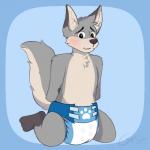 anthro arms_tied biped blush bound chest_tuft clean_diaper clothed clothing diaper kneeling looking_at_viewer male simple_background solo tuft wearing_diaper wetness_indicator cookiebandit pakun canid canine canis mammal wolf 1:1 2019 absurd_res hi_res