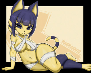 anthro areola areola_slip bandage big_breasts black_border black_nose blue_body blue_eyes blue_eyeshadow blue_fur blue_hair border breasts eyelashes eyeshadow female front_view fur hair looking_at_viewer lying makeup markings navel on_side short_hair simple_background solo striped_markings striped_tail stripes tail tail_markings tan_background thick_thighs wide_hips yellow_body yellow_fur madmanart animal_crossing nintendo ankha_(animal_crossing) domestic_cat felid feline felis mammal absurd_res hi_res