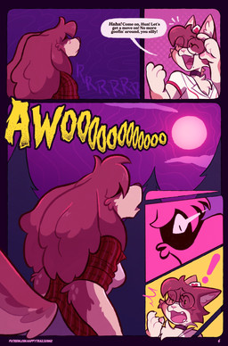 >_< anthro awoo big_syringe breasts chainsaw chest_tuft choker cleavage clothed clothing dialogue emanata exclamation_point eyes_closed eyewear female female_anthro femboy freckles glasses headgear headwear howl howling_at_the_moon inner_ear_fluff jewelry male male_anthro necklace night nurse_clothing nurse_headwear open_mouth outside plant power_tool purple_background simple_background speech_bubble tail text tools tree tuft puppeypawbs maple_(puppeypawbs) syrup_(puppeypawbs) bird_dog calico_cat canid canine canis domestic_cat domestic_dog felid feline felis hunting_dog mammal spaniel 2025 comic english_text hi_res url