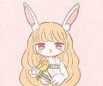 anthro blonde_hair female flower fur hair holding_object pink_background plant red_eyes simple_background solo white_body white_fur buke3jp lagomorph leporid mammal rabbit