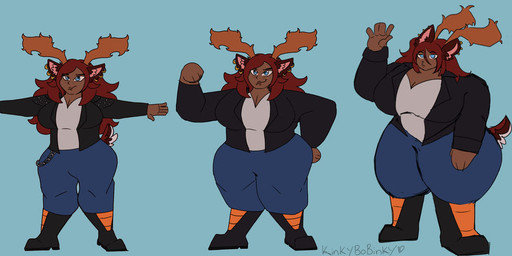 5_fingers anthro black_clothing black_topwear blue_background blue_bottomwear blue_clothing blue_eyes bottomwear brown_body closed_smile clothed clothed_anthro clothed_female clothing eyebrows female fingers fully_clothed fully_clothed_anthro fully_clothed_female hair humanoid_hands long_hair looking_at_viewer mouth_closed simple_background smile solo t-pose text topwear kinkybobinky cervine deer mammal 2023 artist_name digital_media_(artwork) flat_colors