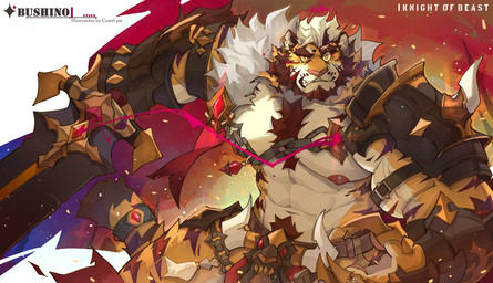 abs accessory anthro armor barazoku breechcloth chain chest_tuft clothing facial_hair fur furgonomics gauntlets gem gloves hair handwear holding_melee_weapon holding_object holding_sword holding_weapon jewelry male melee_weapon multicolored_body multicolored_fur nipples orange_body orange_fur pecs red_facial_hair red_hair red_stripes ring solo spaulder striped_body striped_fur stripes sword tail tail_accessory tail_jewelry tail_ring tan_body tan_fur tuft weapon white_hair kasudachan felid mammal pantherine tiger 2025 hi_res