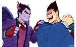 cape clothing duo fangs gloves hand_on_shoulder handwear horn male purple_body purple_skin red_clothing red_eyes red_gloves red_handwear smile suit teeth wings michafrar capcom darkstalkers tekken demitri_maximoff devil_kazuya demon horned_humanoid humanoid vampire hi_res