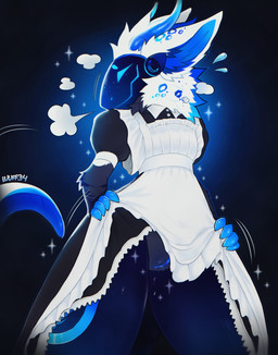 andromorph anthro bodily_fluids breath claw_fingers clothed clothing clothing_lift dress dress_lift fur genital_fluids genitals horn intersex machine maid_uniform motion_lines presenting presenting_vulva simple_background solo sparkles tail uniform vaginal_fluids vulva wuff34 moon_(rexvander) protogen digital_media_(artwork) hi_res