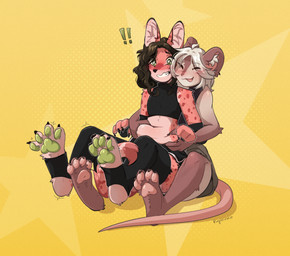 anthro belly clothing duo female femboy hidzumaru hug legwear male male/female pawpads paws slightly_chubby squeezing stockings pingeeiest danni_(shtein) maru_(pingeeiest) felid feline mammal mouse murid murine rodent serval hi_res
