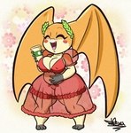 anthro belly beverage big_breasts bloomers bottomwear breasts clothing coffee eyes_closed female huge_hips huge_thighs negligee nightgown short_stack slightly_chubby smile solo thick_thighs translucent translucent_clothing wide_hips tansau bandai_namco digimon starbucks digimon_(species) patamon 2023 digital_media_(artwork)