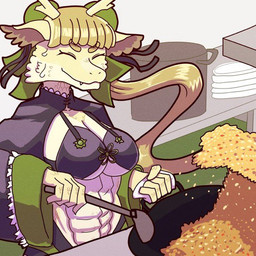 2_horns abs anthro appliance big_breasts bikini breasts cleavage clothed clothing cooking eyes_closed female food fried_rice fur hair hair_bun horn kitchen kitchen_appliance kitchen_counter kitchen_utensils muscular non-mammal_breasts rice smile solo swimwear tools two-piece_swimsuit wok foxmofumofu mythology tsukareta-inu_no_anime dragon eastern_dragon furred_scalie mythological_creature mythological_scalie scalie 1:1