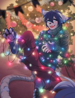 anthro bandage blush bound carpet christmas_decorations christmas_lights clothed clothing countershading decoration femboy holidays lights looking_at_viewer male solo fumiko christmas frosh domestic_cat felid feline felis mammal digital_media_(artwork) hi_res shaded