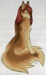 anthro biped breasts brown_body brown_fur brown_hair female fluffy fluffy_tail fur hair looking_at_viewer looking_back nipples nude rear_view side_boob simple_background sitting solo tail eura canid canine mammal