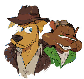 ambiguous_gender anthro aviator_goggles blue_eyes brown_body brown_fur clothed clothed_anthro clothing duo eyebrows fur green_eyes hat headgear headwear jacket looking_aside simple_background teeth topwear white_background yellow_body yellow_fur worthikids foodfight! daredevil_dan dex_dogtective canid canine canis domestic_dog mammal rodent sciurid tree_squirrel 2019 bust_portrait digital_drawing_(artwork) digital_media_(artwork) english_description hi_res portrait male_(lore)