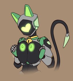 anthro areola bell bell_collar big_breasts black_body breast_squish breasts collar female green_body green_eyes heart_symbol machine nipples solo squish scorpdk android animal_humanoid felid feline humanoid mammal robot 2024 hi_res