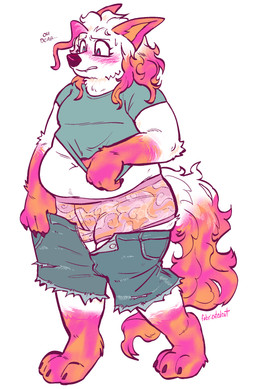 anthro bottomwear bottomwear_down clothed clothing curly_hair denim denim_bottomwear denim_clothing female fur hair ill-fitting_clothing overweight partially_clothed pear-shaped_figure shorts shorts_down solo underwear weight_gain white_body white_fur wide_hips fabricatedcat ramona_(squishysheepie) canid canine fox mammal hi_res