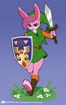 3_toes anthro belt breasts clothed clothing crossgender eyebrows eyelashes feet female footwear fur green_clothing hair hat headgear headwear holding_melee_weapon holding_object holding_shield holding_sword holding_weapon hylian_shield looking_at_viewer melee_weapon mtf_crossgender open_mouth pawpads paws pink_body pink_fur pink_hair pink_pawpads plantigrade shield simple_background soles solo sword text toeless_footwear toeless_legwear toes weapon alanscampos a_link_to_the_past nintendo the_legend_of_zelda link link_(rabbit_form) lagomorph leporid mammal rabbit 2022 absurd_res english_text hi_res url