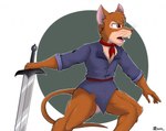 anthro ascot belt bottomless bottomless_anthro bottomless_male buckteeth clothed clothing convenient_censorship front_view fur holding_melee_weapon holding_object holding_sword holding_weapon looking_away male melee_weapon open_mouth shirt solo spread_arms spread_legs spreading sword teeth tongue topwear weapon whiskers marcushunter redwall martin_the_warrior mammal mouse murid murine rodent 2021