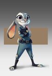 anthro belt clothed clothing crossed_arms ears_down fully_clothed fur gradient_background grey_background grey_body grey_fur pink_nose pivoted_ears police police_uniform pose purple_eyes simple_background smile solo standing uniform ruffu disney zootopia judy_hopps lagomorph leporid mammal rabbit 2016