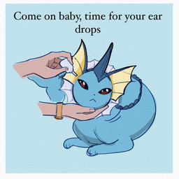 ambiguous_gender blue_body clock dialogue disembodied_hand duo ear_fins feral fin frill_(anatomy) frown head_fin medicine membrane_(anatomy) membranous_frill neck_frill simple_background stubborn tail tail_fin text watch wristwatch washimbembe nintendo pokemon eeveelution generation_1_pokemon human mammal pokemon_(species) vaporeon 1:1 english_text hi_res