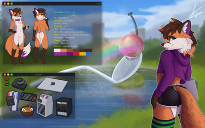 3d_printer athletic_wear beverage black_bottomwear black_clothing black_shorts blue_eyes bottomwear brown_body brown_fur camera chest_tuft clothed clothing coffee coffee_cup collar computer container crop_top cup cutlery dolphin_shorts drinking_coffee ear_piercing electronics featureless_crotch femboy food fur green_clothing green_legwear green_thigh_highs gym_bottomwear gym_shorts holding_coffee_cup holding_computer holding_container holding_cup holding_laptop holding_object kitchen_utensils laptop legwear looking_at_viewer looking_away male minnesota noodles nude orange_body orange_fur outside passport pattern_clothing pattern_legwear pattern_thigh_highs piercing purple_body purple_clothing purple_fur purple_nose purple_shirt purple_topwear rainbow rainbow_piercings ramen shirt shorts smile smiling_at_viewer solo spoon standing striped_clothing striped_legwear striped_thigh_highs stripes text thigh_highs tools topwear tuft water white_body white_fur novav33 apple_inc. apple_macintosh macbook macos nintendo nintendo_switch mochafox_(itsmochafox) canid canine fox mammal red_fox true_fox 16:10 absurd_res english_text hi_res model_sheet reference_image widescreen