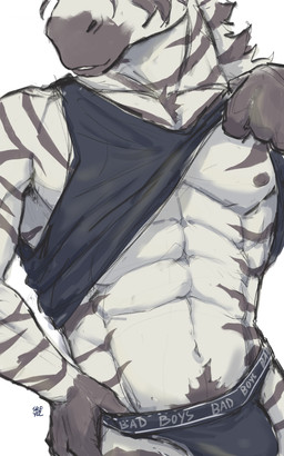 abs anthro areola black_areola black_body black_fur black_nipples black_stripes blue_bottomwear blue_clothing blue_shirt blue_tank_top blue_topwear blue_underwear bottomwear bulge clothed clothing clothing_lift crotch_tuft fur hand_on_hip jockstrap male multicolored_body multicolored_fur muscular navel nipples shirt shirt_lift simple_background slightly_open_mouth solo standing stripes tank_top text text_on_clothing text_on_underwear topwear tuft two_tone_body two_tone_fur underwear white_background white_body white_fur sreyel equid equine mammal zebra 2025 absurd_res digital_media_(artwork) english_text hi_res signature