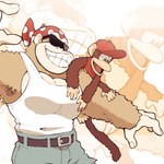 anthro belt bottomwear clothed clothing duo eyewear grin hat headgear headwear kerchief male muscular muscular_male pants pecs shirt size_difference smile sunglasses tank_top topwear minashirazu donkey_kong_(series) nintendo diddy_kong funky_kong ape gorilla haplorhine mammal monkey primate 1:1