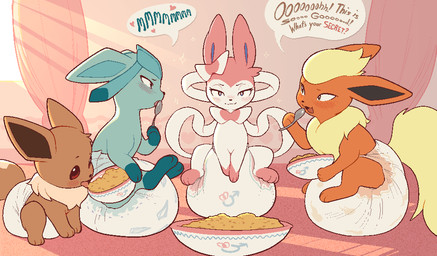 3_fingers 3_toes ambiguous_gender black_inner_ear black_nose blue_body blue_fur blue_inner_ear blush blush_lines bow_(anatomy) bowl brown_body brown_fur brown_tail carpet cheese clean_diaper clothed clothing color_coded_text container curtains curtains_open cutlery dairy_products detailed_background dialogue diaper diaper_only dipstick_tail ears_back feet feral fingers food fur gender_symbol gloves_(marking) group hand_on_diaper heart_symbol holding_bowl holding_container holding_food holding_object holding_spoon kitchen_utensils leg_markings licking_food light light_beam macaroni macaroni_and_cheese male_symbol markings multicolored_body multicolored_fur narrowed_eyes open_mouth open_smile orange_body orange_fur pasta pattern_diaper pink_body pink_curtains pink_floor pink_fur pink_wall pivoted_ears ribbons_(anatomy) sitting_on_diaper smile socks_(marking) speech_bubble spoon sunbeam sunlight symbol tail tail_markings tan_body tan_fur tan_tail tan_tail_tip toes tongue tongue_out tools topless touching_diaper two_tone_body two_tone_fur two_tone_tail vowelless vowelless_vocalization wall_(structure) wearing_diaper white_body white_diaper white_fur window yellow_body yellow_fur yellow_tail chestersmells nintendo pokemon eevee eeveelution flareon generation_1_pokemon generation_4_pokemon generation_6_pokemon glaceon pokemon_(species) sylveon male_(lore)