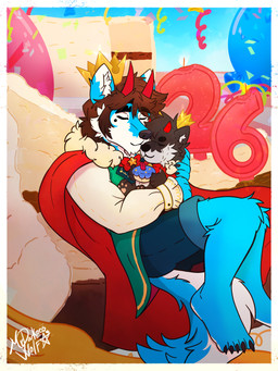 anthro balloon birthday birthday_cake birthday_candle birthday_party cake cape clothing crown dessert eyes_closed food headgear hug hugging_object hugging_plushie inflatable male plushie royalty solo mrdarknesswolf dantalos mrdarknesswolf_(character) canid canine canis demon hybrid mammal wolf 3:4 absurd_res hi_res