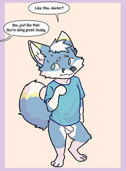 3_toes anthro awkward balls biped blue_body blue_fur border bottomless clothed clothing countershade_face countershade_fur countershading digitigrade feet flaccid foreskin front_view fur genitals hair humanoid_genitalia humanoid_penis inner_ear_fluff looking_at_another male male_anthro offscreen_character partially_clothed penis pointy_ears purple_border shirt shirt_only shota simple_background solo tail text toes topwear topwear_only tuft young young_anthro young_male unknown_artist look_fox canid canine fox mammal 2025 english_text hi_res portrait