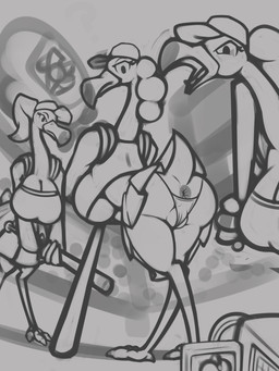 anthro anus anus_only baseball_bat bat_(object) big_breasts breasts butt cleavage clothed clothing exhibitionism exposed female genitals group nude presenting presenting_anus presenting_hindquarters pussy_floss spreading under_boob vulva ikakins brand_new_animal studio_trigger the_pink_flamingos_(brand_new_animal) avian bird flamingo 3:4 absurd_res hi_res monochrome sketch