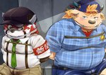 anthro arms_tied belly big_belly blush bottomwear bound captured clothing duo gag gagged hat headgear headwear kemono looking_at_viewer male necktie overweight overweight_male red_body rope shirt shorts sitting topwear young hamagiato lifewonders tokyo_afterschool_summoners babe_bunyan_(tas) zhurong_(tas) ailurid bovid bovine cattle mammal red_panda 2023 hi_res