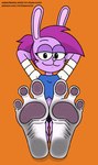 3_toes anthro barefoot clothed clothing dirty dirty_feet feet female foot_focus hair hands_behind_head pawpads purple_body purple_hair soles solo text toes mrchasecomix cartoon_network ok_k.o.!_let's_be_heroes bunny_enid enid_(ok_k.o.!_lbh) lagomorph leporid mammal rabbit hi_res url