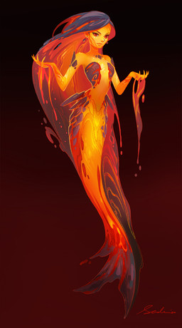 5_fingers female fin fingers hair lava split_form sandara aquatic elemental_creature humanoid lava_creature merfolk mineral_fauna 2020 digital_media_(artwork) hi_res warm_colors