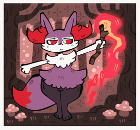 3_fingers 3_toes :< ambiguous_anthro ambiguous_gender anthro arm_tuft biped black_body black_fur border cheek_tuft chest_tuft digitigrade dipstick_tail elemental_manipulation facial_tuft feet feet_together fingers fire fire_manipulation forest forest_background front_view fungus fur half-closed_eyes holding_object holding_stick inner_ear_fluff legs_together markings mouth_closed mushroom narrowed_eyes nature nature_background nude_ambiguous nude_anthro outside outstretched_arms plant pointy_ears prick_ears purple_body purple_tail raised_arm red_body red_eyes red_fur red_nose red_tail_tip shoulder_tuft snout solo standing stick tail tail_markings toes tree tuft two_tone_tail white_body white_fur wide_hips billspooks nintendo pokemon braixen canid generation_6_pokemon mammal pokemon_(species) shiny_pokemon 2017 digital_drawing_(artwork) digital_media_(artwork) flat_colors full-length_portrait hi_res portrait restricted_palette