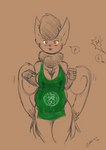 2_tails 5_fingers anthro apron apron_only barista blep blush bodily_fluids breasts cleavage clothed clothing coffee_cup container cup drinking_straw exclamation_point female fingers folded_ears holding_container holding_cup holding_object lactating lactating_through_clothing mostly_nude multi_tail neck_tuft object_between_breasts pokemorph pregnant pregnant_anthro pregnant_female question_mark red_eyes solo speech_bubble sweatdrop_(iconography) tail tongue tongue_out tuft wet wet_clothing yellow_sclera s-nina fallout:_pca nintendo pokemon idena_(swordfox) felid feline gardevoir generation_3_pokemon generation_6_pokemon mammal meowstic pokemon_(species) 2022 hi_res monochrome partially_colored signature sketch