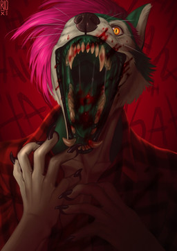 anthro black_claws black_lips blood blood_in_mouth blood_on_face blood_on_tongue bodily_fluids cheek_tuft claws clothed clothing facial_tuft fangs finger_claws front_view fur green_body green_fur hair insane lips logo male mouth_shot multicolored_eyes open_mouth orange_eyes pink_hair red_clothing red_topwear saliva saliva_string sharp_teeth simple_background solo teeth topwear tuft two_tone_eyes whiskers white_body white_fur yellow_eyes riorix lobezhowl 2020 artist_logo bust_portrait dated hi_res portrait