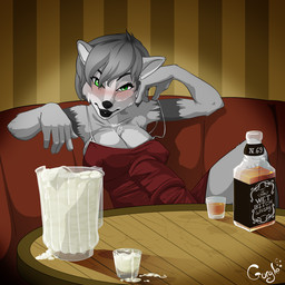 alcohol alcohol_bottle animal_genitalia animal_penis anthro areola arms_bent beverage beverage_bottle big_breasts big_penis black_lips black_nose blush bodily_fluids booth_seating bottle breasts bulge cleavage clothed clothed_anthro clothed_gynomorph clothed_intersex clothing container cum cum_in_a_cup cum_in_container cup detailed_bulge drunk equine_genitalia equine_penis erect_nipples erection erection_under_clothing fur furniture genital_fluids genital_outline genitals glass green_eyes grey_body grey_fur grey_hair gynomorph gynomorph_anthro hair huge_penis inside intersex intersex_anthro lips looking_at_viewer medial_ring mismatched_animal_penis mismatched_genitalia mismatched_penis nipple_outline nipples off_shoulder penis penis_outline reclining smile solo substance_intoxication suggestive table text thick_lips tight_clothing whiskey gurgles brown-forman_corporation corruption_of_champions jack_daniel's urta canid canine fox mammal 1:1 2014 artist_name cel_shading digital_drawing_(artwork) digital_media_(artwork) shaded