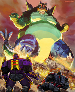 armor belly breath_powers butt cobol_spaceknight destruction ekko_spaceknight elemental_manipulation extreme_size_difference fire fire_breathing fire_manipulation group looking_at_viewer machine macro male pecs size_difference spaceknight tail trio aokamidu grockle dinosaur kaiju ornithischian prehistoric_species reptile robot scalie stegosaurian thyreophoran absurd_res hi_res