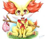 apple bindle blush clothing female feral food front_view fruit kerchief open_mouth plant simple_background solo white_background nintendo pokemon canid canine fennekin generation_6_pokemon mammal pokemon_(species)