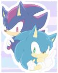 anthro black_body black_fur blue_body blue_fur border clothing crossed_arms duo fur gloves green_eyes handwear male pattern_background red_body red_eyes red_fur simple_background smile striped_background white_border sikai sega sonic_the_hedgehog_(series) shadow_the_hedgehog sonic_the_hedgehog eulipotyphlan hedgehog mammal 4:5