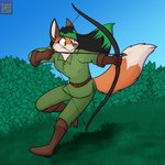 anthro arrow_(weapon) black_body black_fur bow_(weapon) dipstick_tail female fur markings outside pink_nose ranged_weapon solo tail tail_markings weapon foxenawolf socks-the-fox canid canine fox mammal red_fox true_fox 1:1