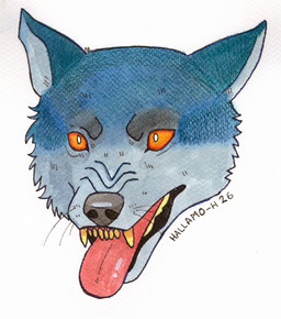 ambiguous_form ambiguous_gender angry blue_body blue_fur cheek_tuft facial_tuft frown fur ink red_tongue solo teeth teeth_showing tongue tongue_out tuft yellow_eyes yellow_teeth canid canine canis mammal wolf headshot_portrait hi_res painting_(artwork) portrait traditional_media_(artwork) watercolor_(artwork)