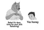 anthro biped claws clothed clothing dialogue duo emaciated hands_together humor male simple_background smile text white_background sepulte dick_flattening canid canine canis human mammal wolf english_text greyscale hi_res meme monochrome