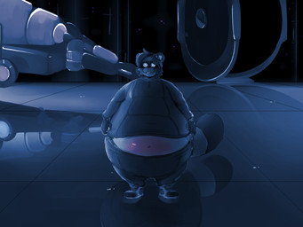 anthro belly belly_expansion belly_inflation belly_peeking_out biped blue_body blue_fur blue_hair blueberry_inflation bottom_heavy buckteeth clothed clothing expansion facial_markings factory fur hair head_markings inflation inside looking_aside machine male markings mask_(marking) navel nervous reflection ring_(marking) ringed_tail solo standing striped_markings striped_tail stripes tail tail_markings teeth tracksuit wide_hips jn_y4 charlie_and_the_chocolate_factory junichiro_(jn_y4) canid canine mammal raccoon_dog tanuki 4:3 hi_res