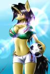 anthro anthrofied ball biped black_hair bottomwear breasts cleavage clothed clothing dolphin_shorts female hair holding_ball holding_object horn mexico navel outside shirt shorts skimpy sky soccer soccer_ball solo sport standing sun thong topwear underwear yellow_eyes tacticalfur hasbro my_little_pony mythology amber_steel equid equine mammal mythological_creature mythological_equine unicorn 2014 absurd_res digital_media_(artwork) hi_res shaded