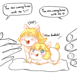 5_fingers ambiguous_gender ambiguous_human baby_talk blonde_eyelashes blonde_hair blue_eyes blush dialogue duo_focus eyelashes eyes_closed female feral fingers fur group hair hooves mostly_offscreen_character open_mouth open_smile pillow smile tail teeth text white_body white_fur yellow_hooves yellow_tail young young_female young_feral yellowcottoncandy030 fluffy_pony fluffy_pony_(species) human mammal 1:1 2025 digital_media_(artwork) english_text hi_res partially_colored