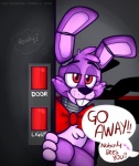 anthro black_nose bow_(feature) bow_tie dialogue floppy_ears fur inside long_ears machine male purple_body purple_fur red_eyes solo text whiskers toy-bonnie five_nights_at_freddy's scottgames bonnie_(fnaf) markiplier animatronic lagomorph leporid mammal rabbit robot english_text